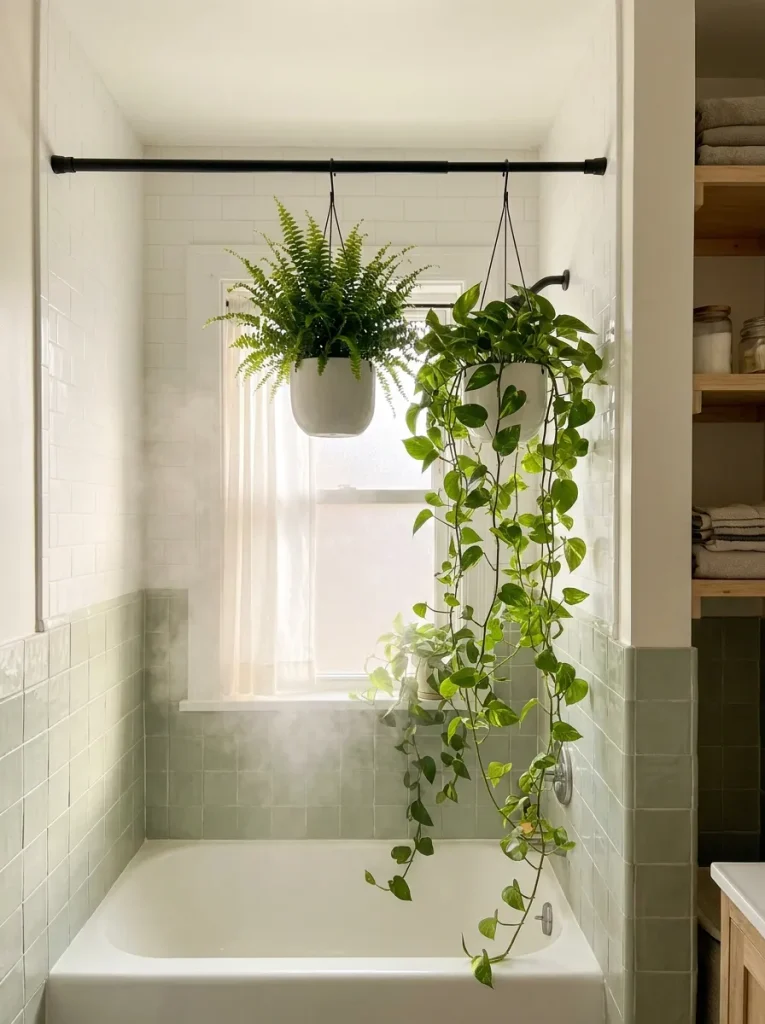 Fern and pothos hanging plants