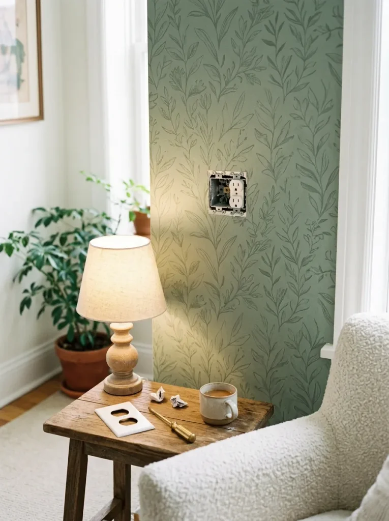 finishing wallpaper around an electrical outlet. 