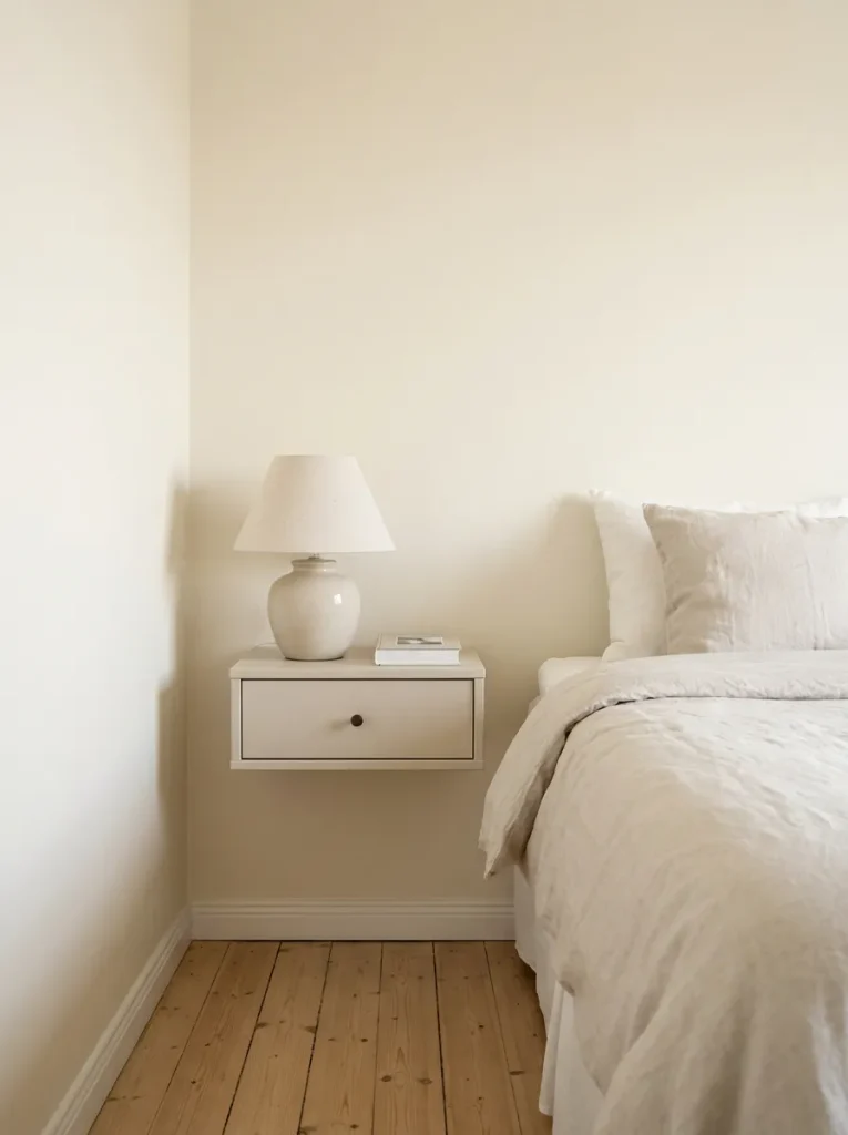 Floating nightstand beside bed