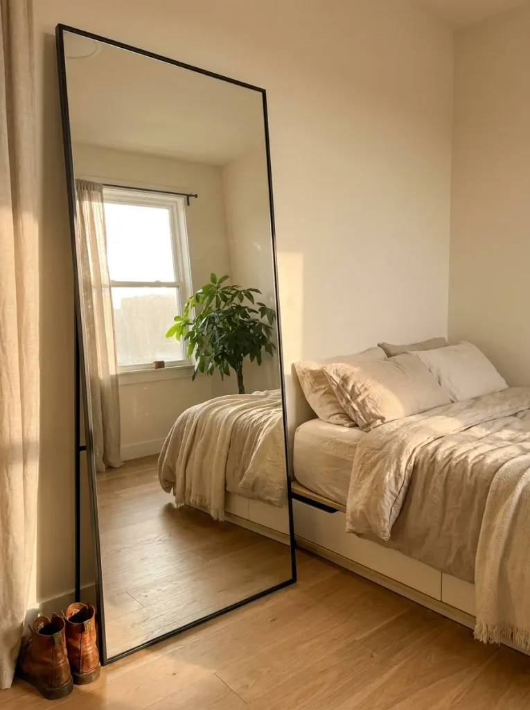 Floor mirror leaning against wall