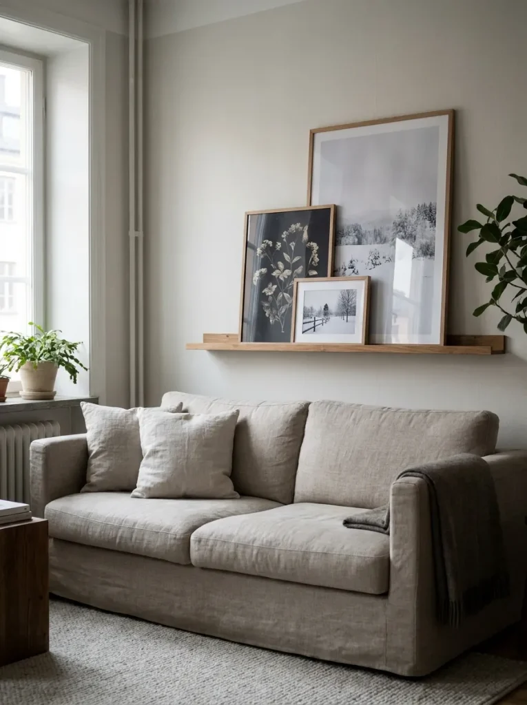 Framed prints on wooden ledge

