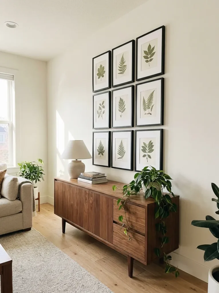 Frames hung above walnut sideboard