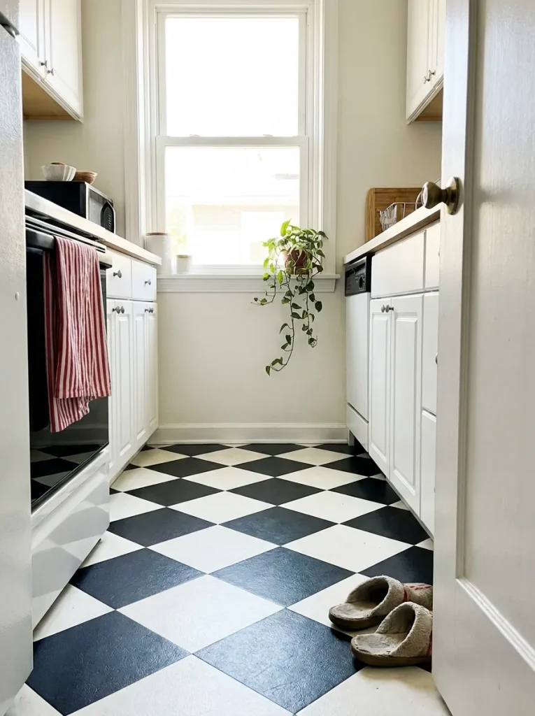 Galley kitchen floor with tiles