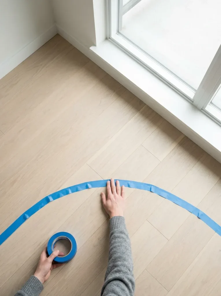 Hand applying tape on floor