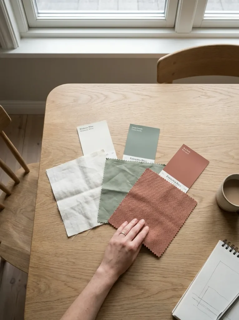 Hand arranging fabric swatches
