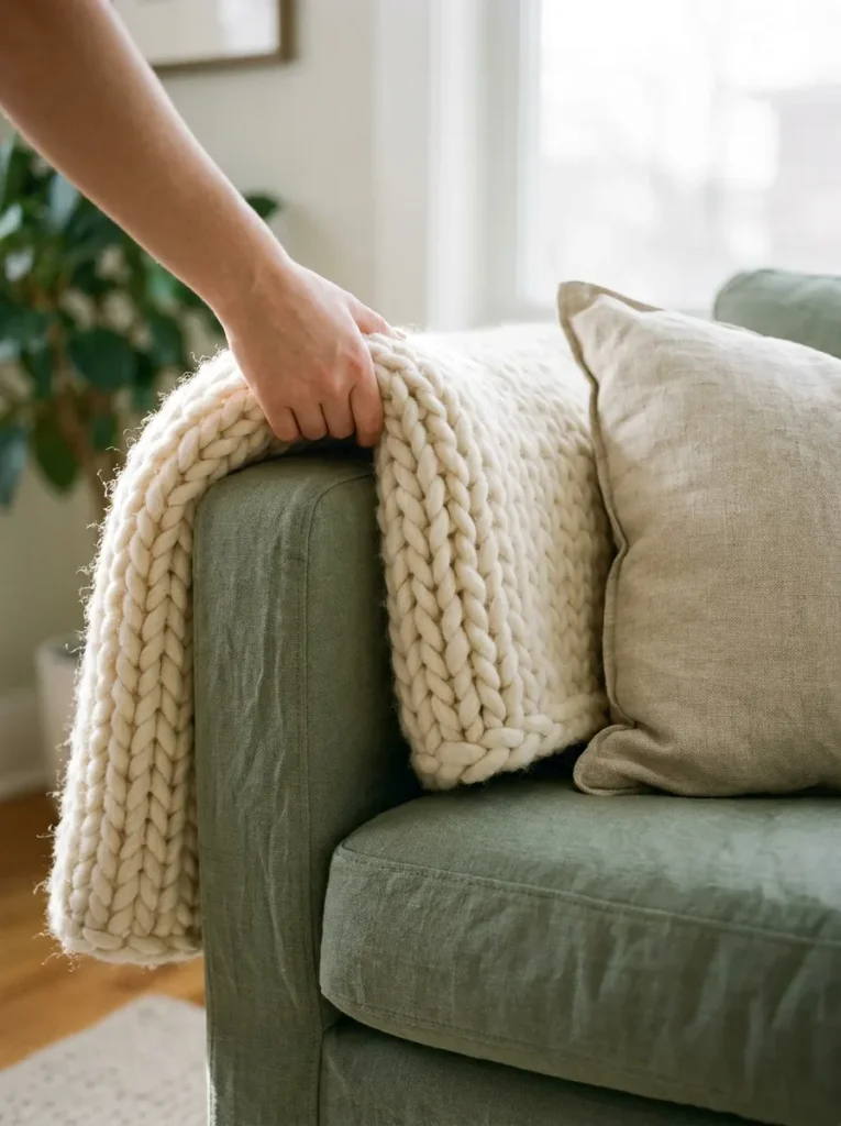 Hand draping knit throw over sofa