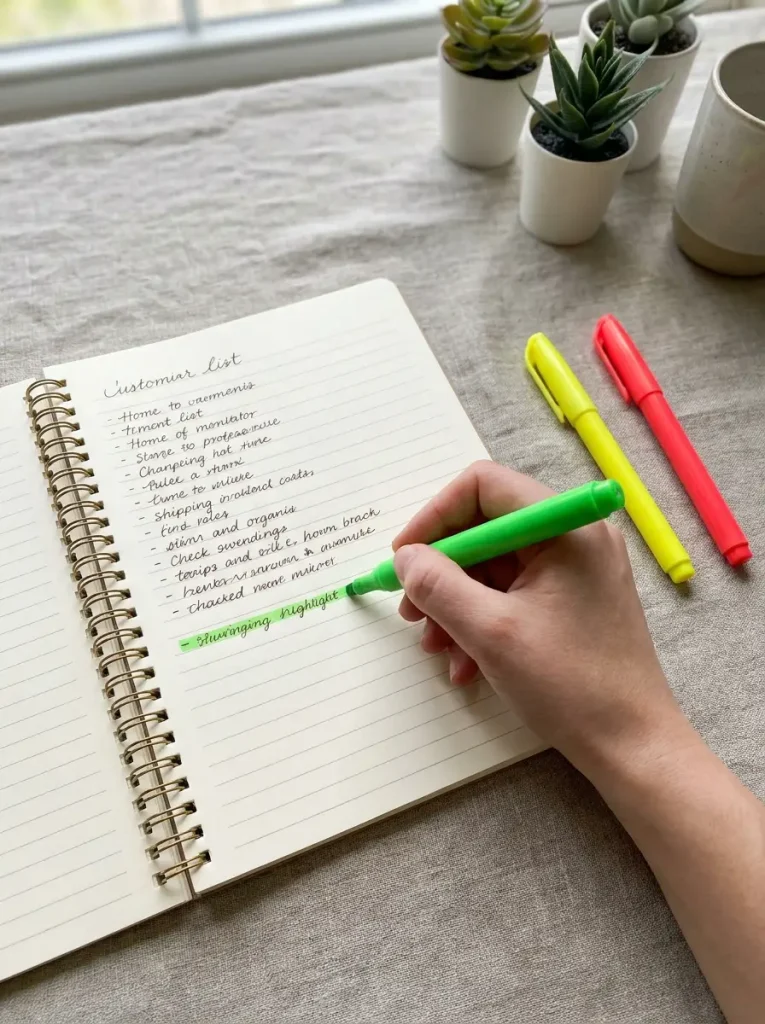 Hand highlighting list in notebook