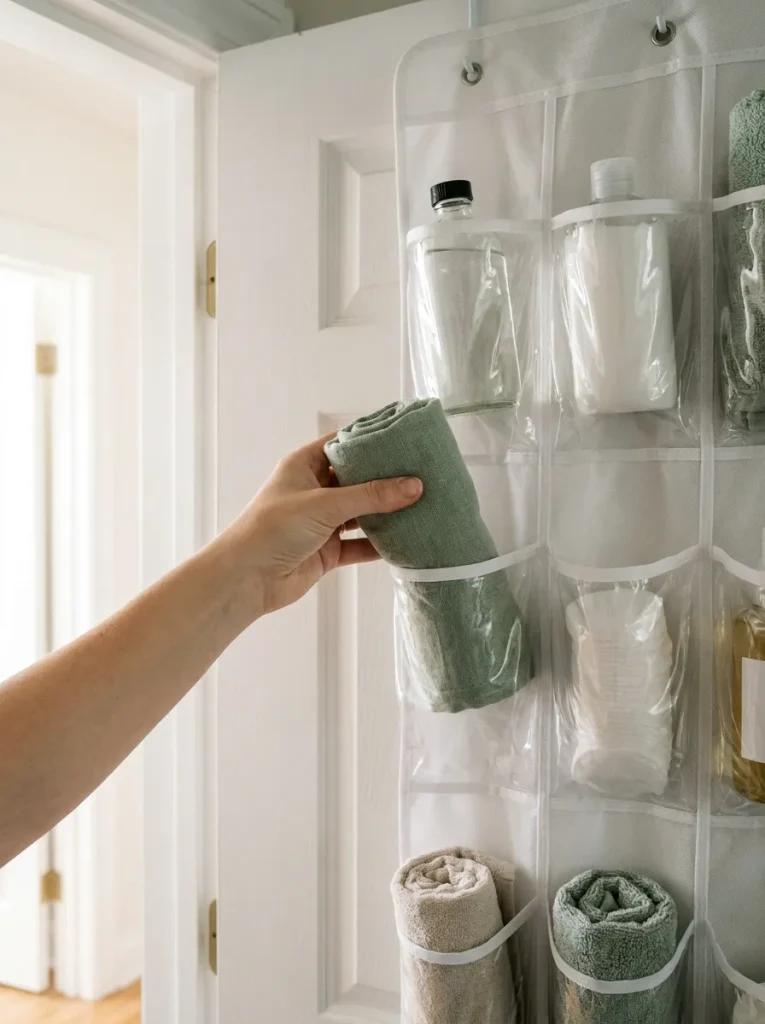 Hand organizing washcloth in pocket