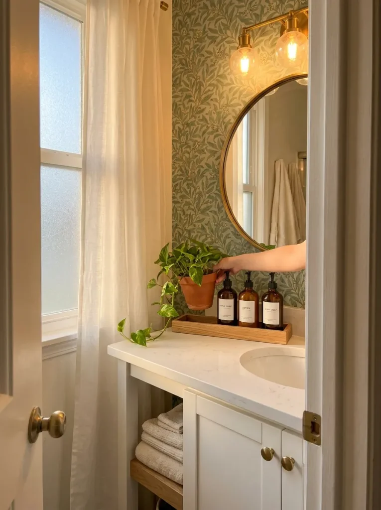 Hand placing plant in bathroom