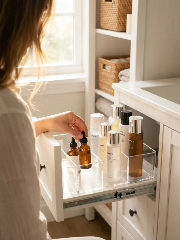 Hand placing serum bottle in drawer