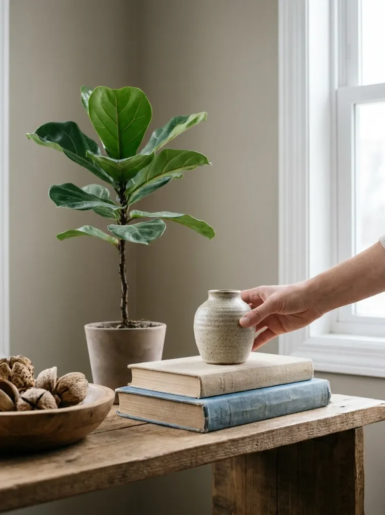 Hand placing vase on books