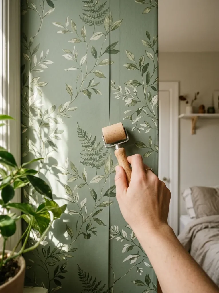 Hand rolling wallpaper seam