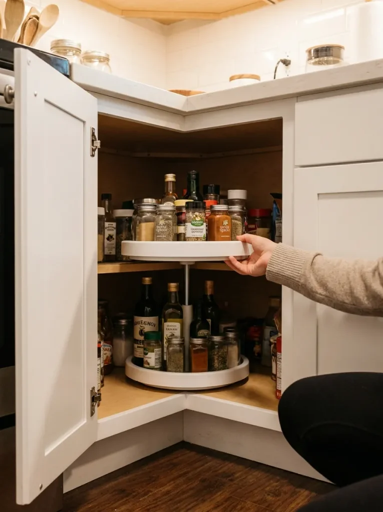 an open corner kitchen cabinet with a white turntable inside holding jars and bottles