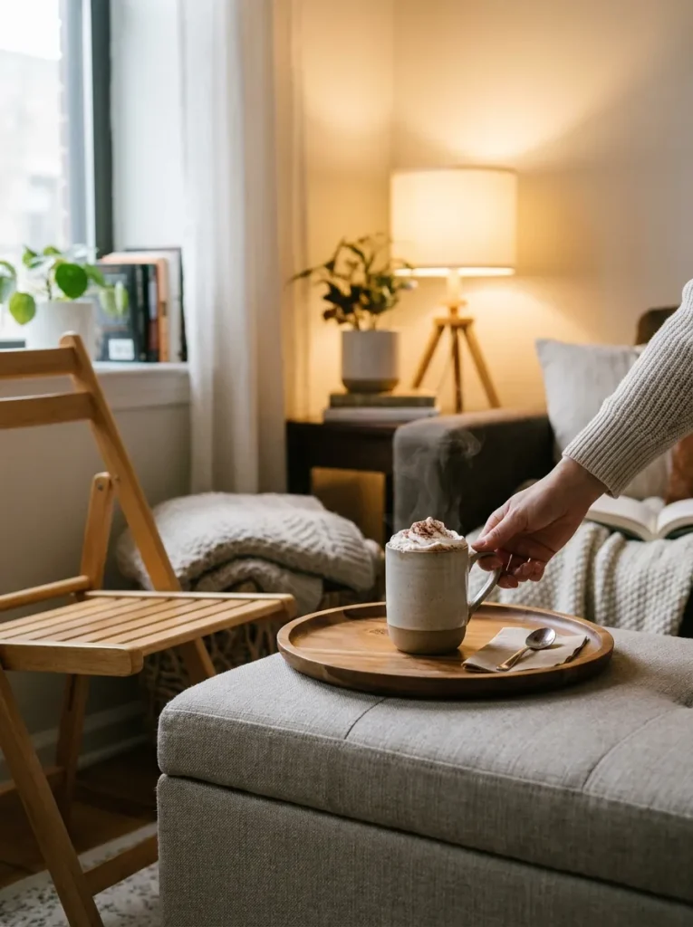 Hand setting mug on tray