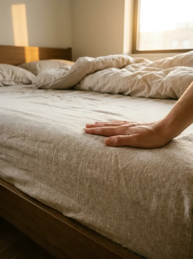 Hand smoothing flannel sheet flat