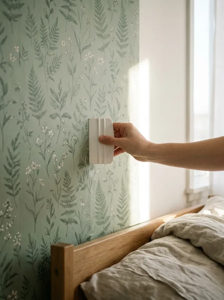 Hand smoothing sage green wallpaper