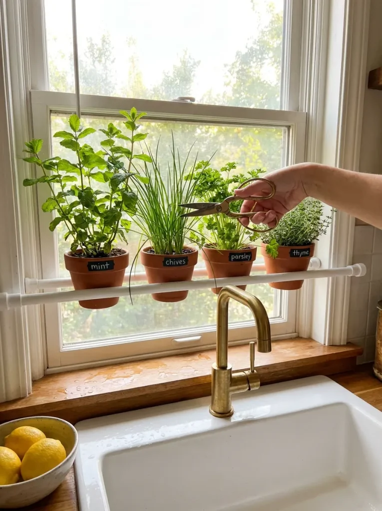 Hand snipping herbs at window