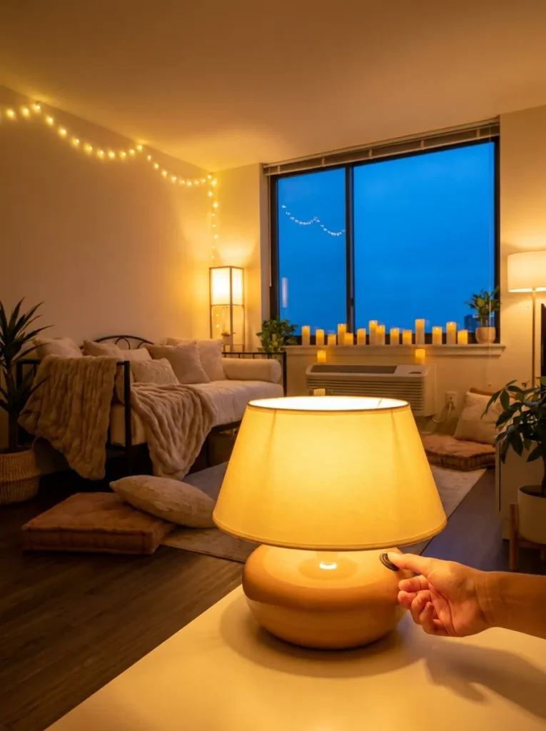 Hand turning on table lamp