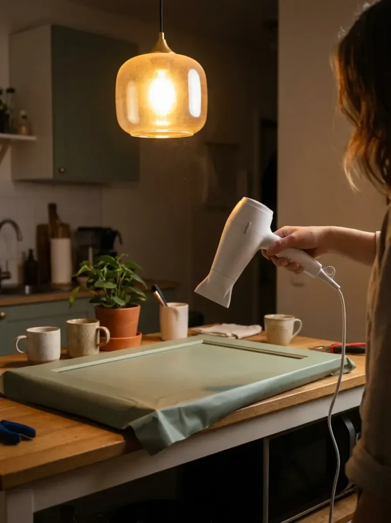 Hand using hair dryer on cabinet…