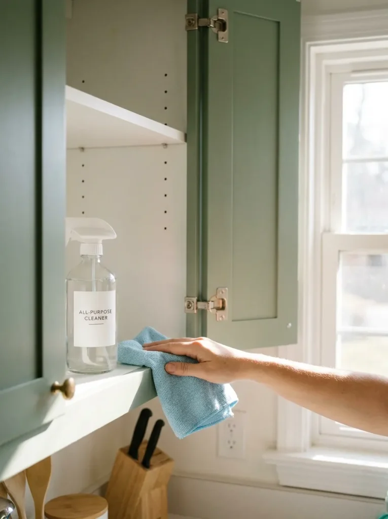 Hand wiping empty cabinet shelf