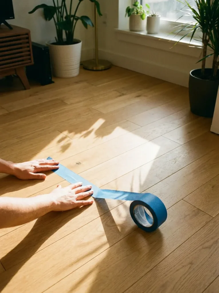 Hands applying tape to floor
