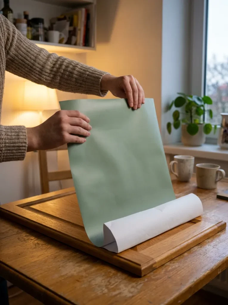 Hands applying vinyl to cabinet