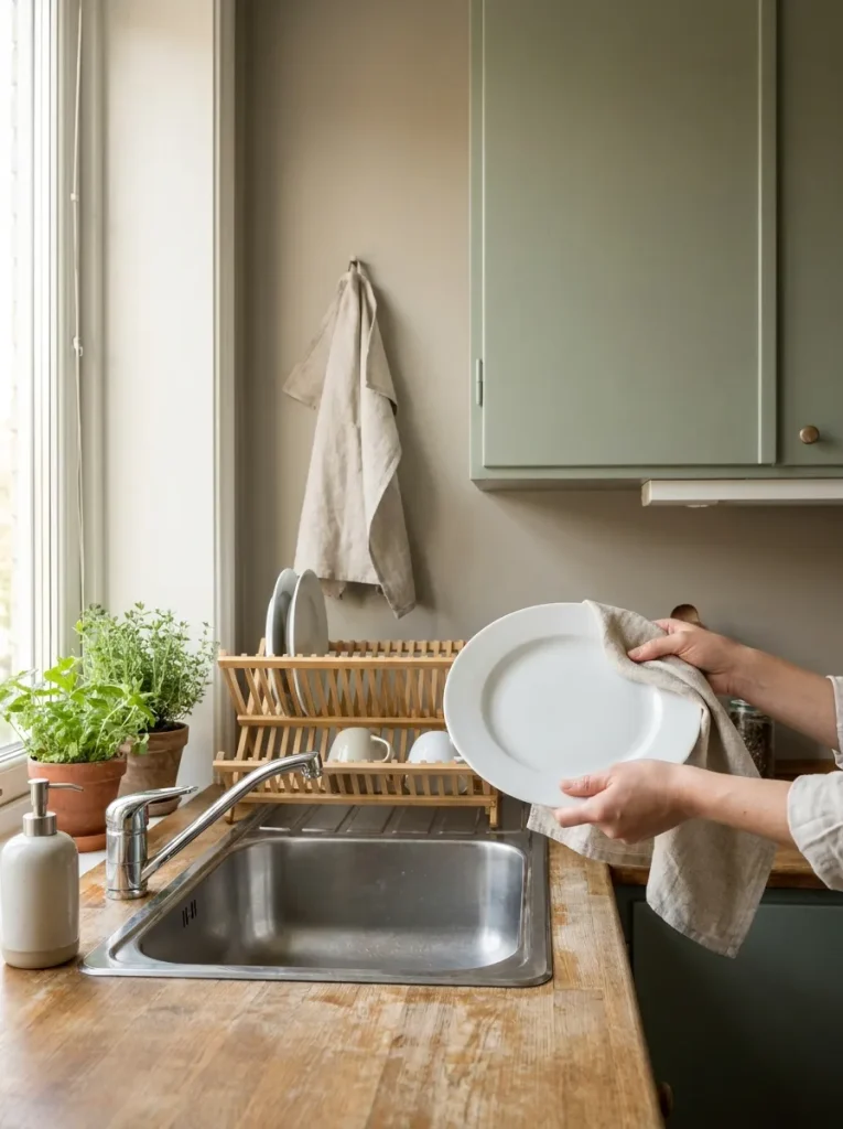 Hands drying ceramic plate