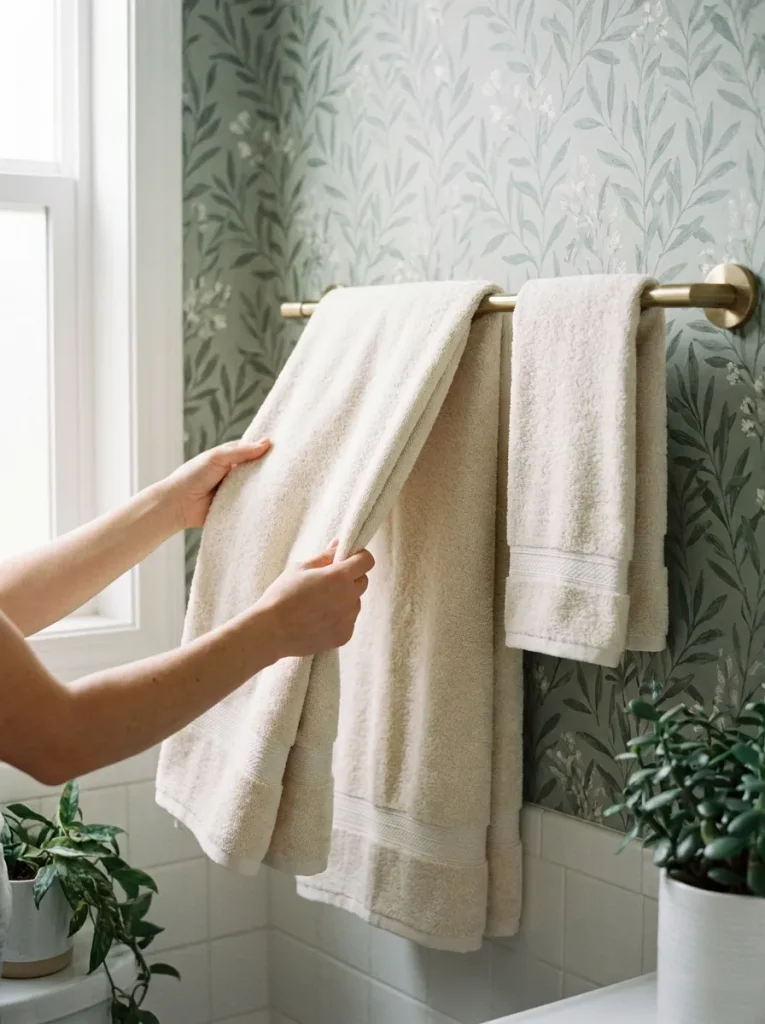 Hands hanging cream towel
