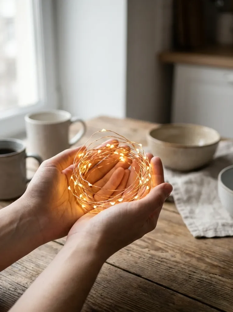 Hands holding LED string lights