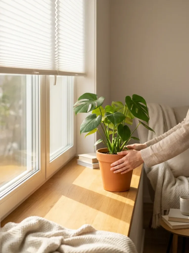 Hands moving potted plant