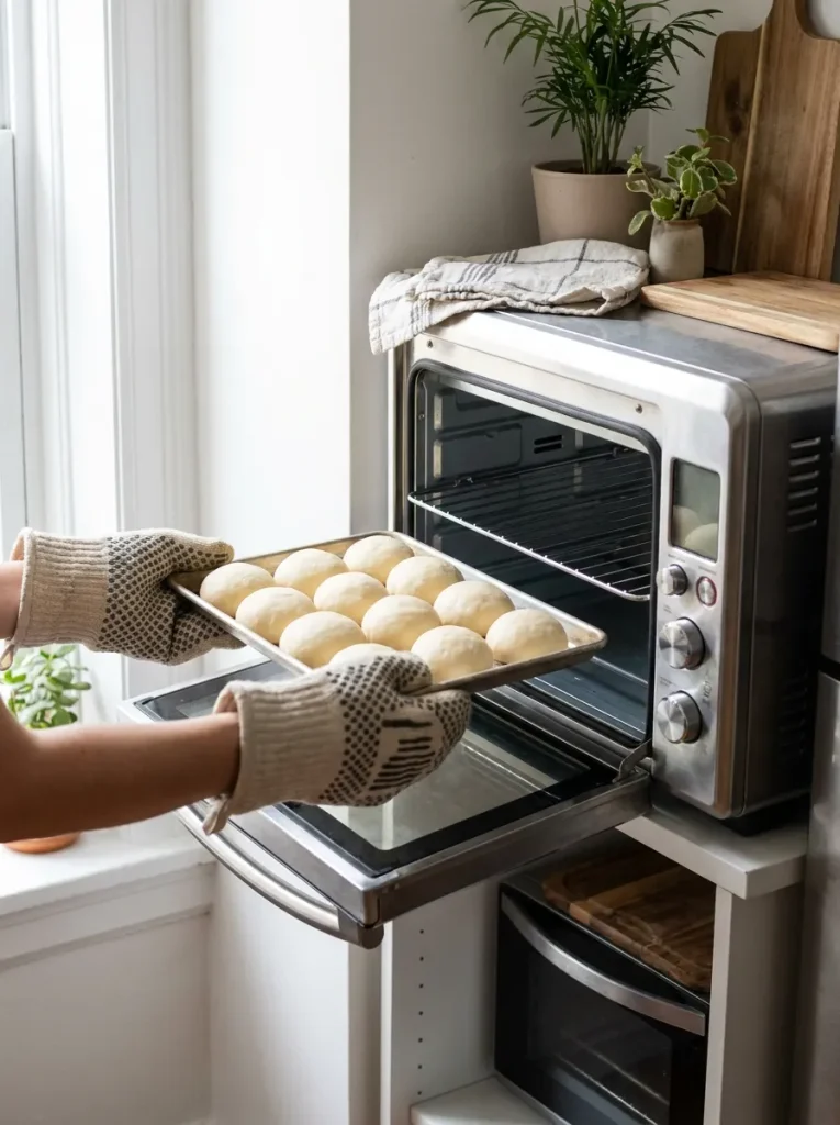 Hands placing rolls into oven