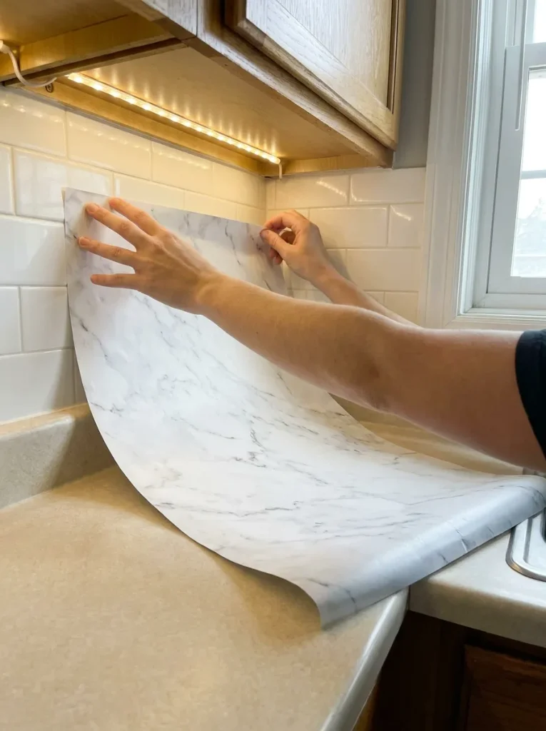 Hands pressing marble film panel