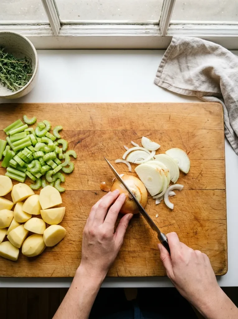 Hands slicing onion on board