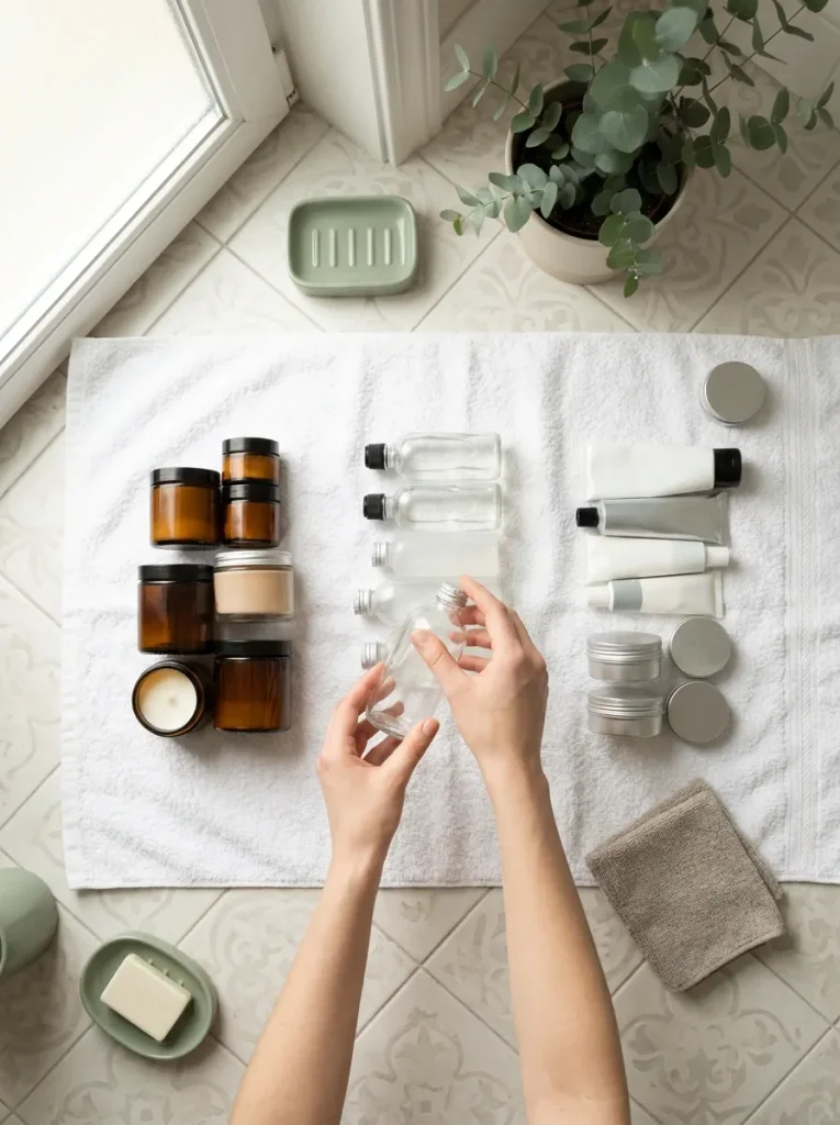 Hands sorting bathroom bottles