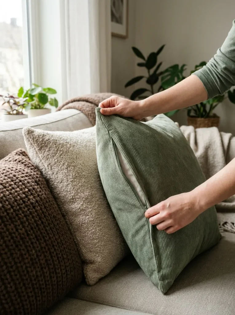 Hands zipping pillow cover