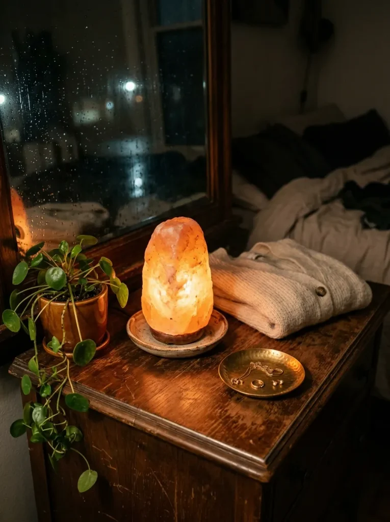Himalayan salt lamp glowing on dresser