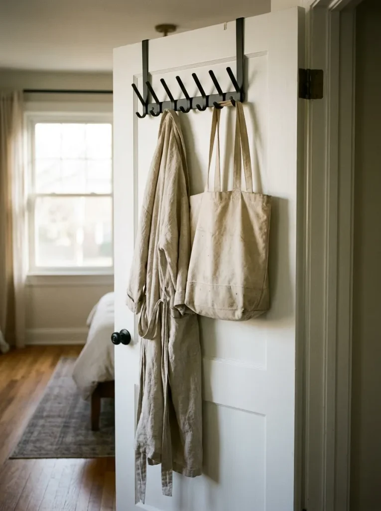 Hooks on door holding robe