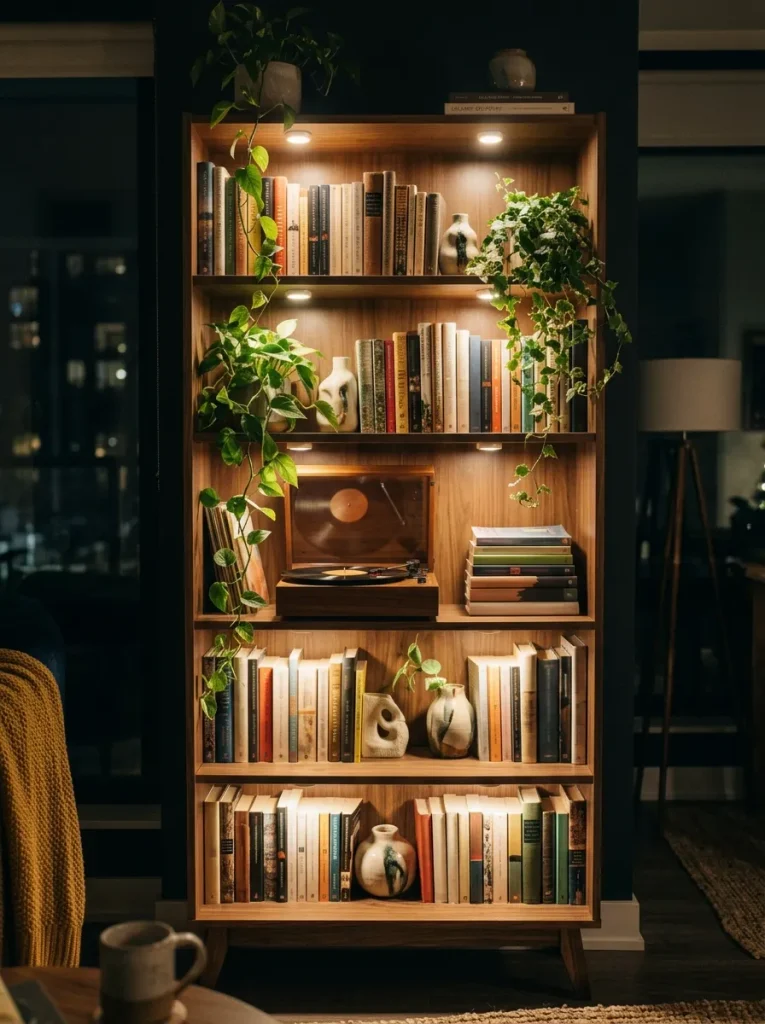 Illuminated bookcase in apartment