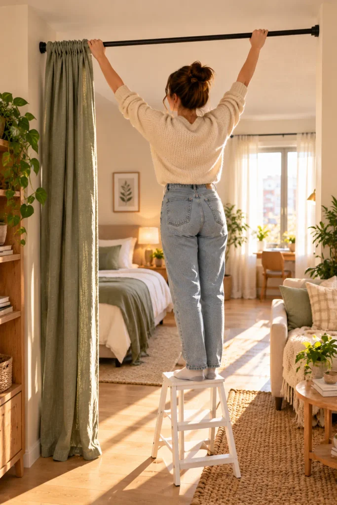 Installing Curtains in a Sunlit Apartment
