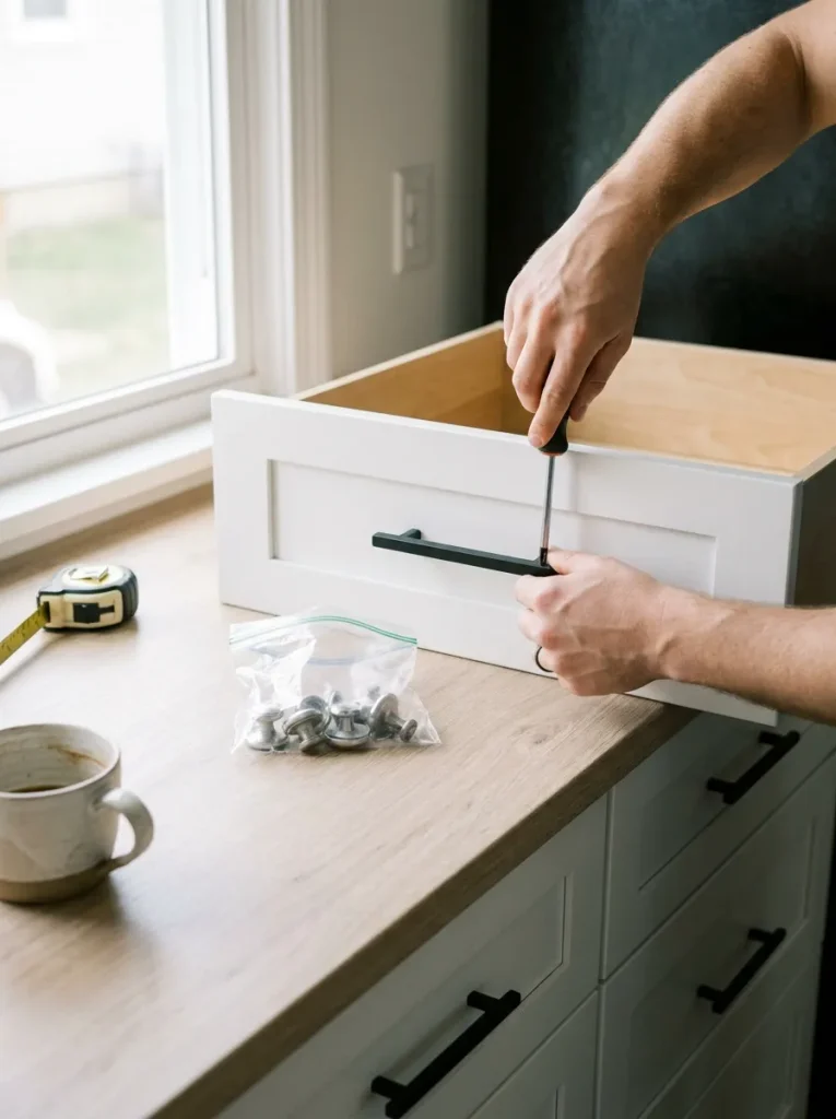 Installing pull on white drawer