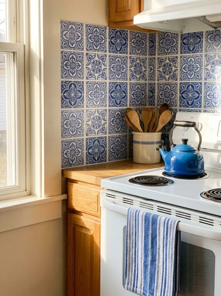 Kitchen backsplash with blue tiles