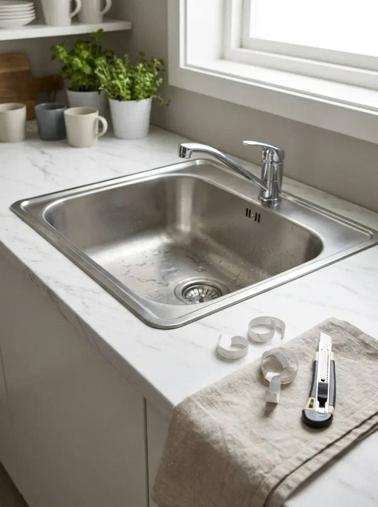 inishing details around a kitchen sink after a countertop makeover