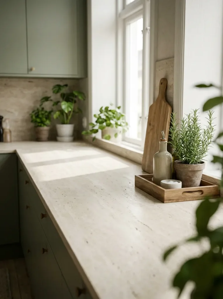 Kitchen counter with wooden tray