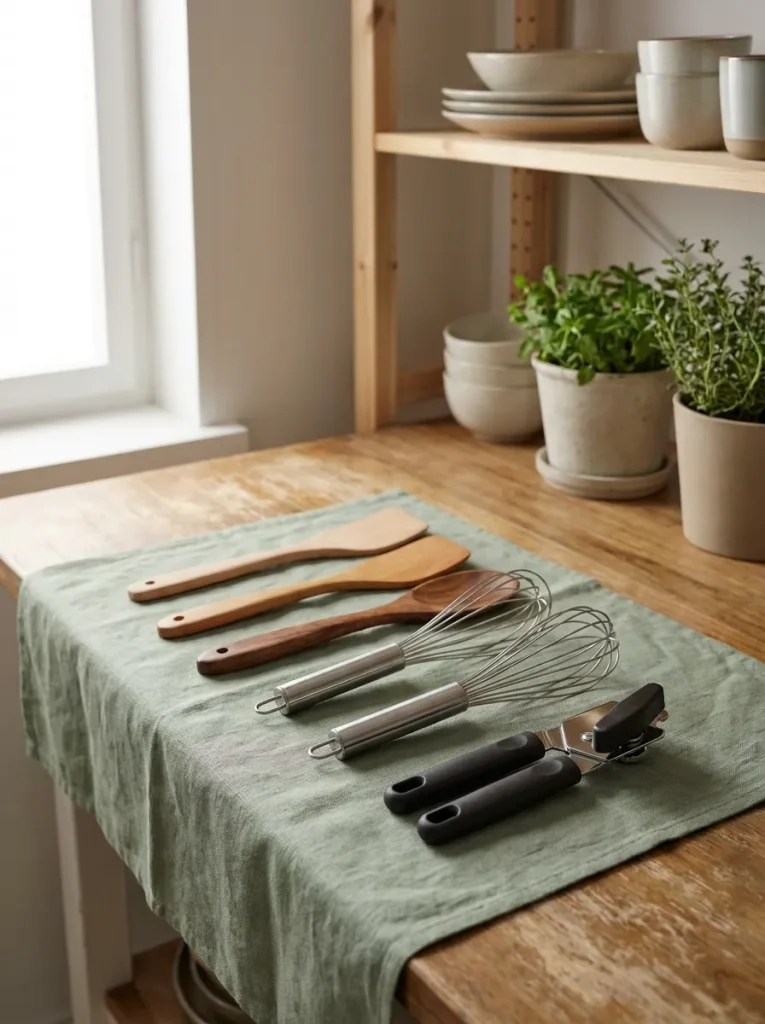 Kitchen tools on linen towel