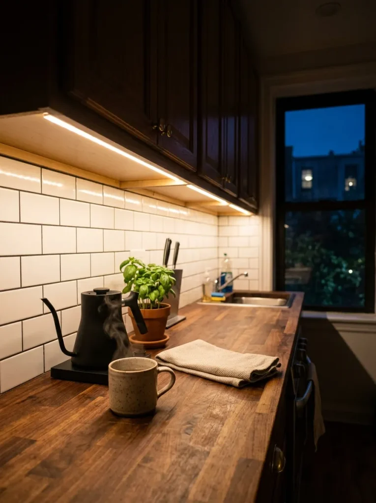 Kitchen under-cabinet lights glow