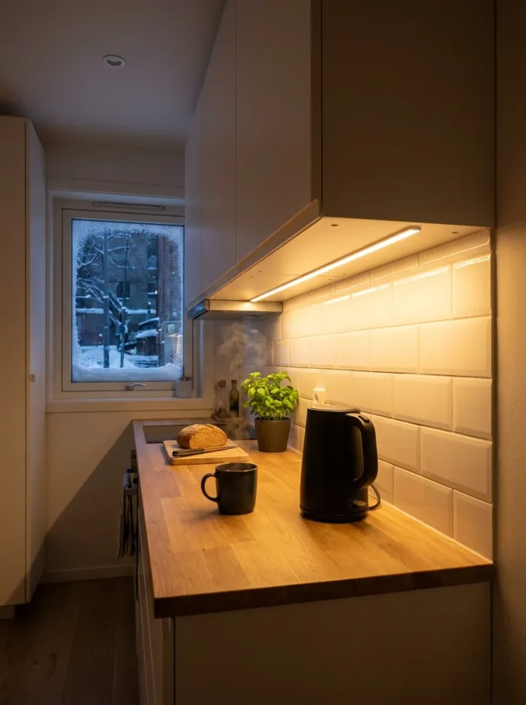 LED strip lights on kitchen counter