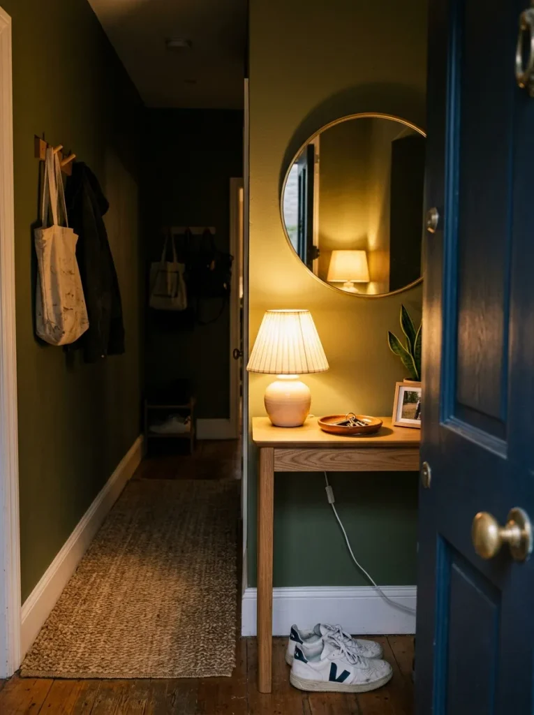 Lamp glowing on console table