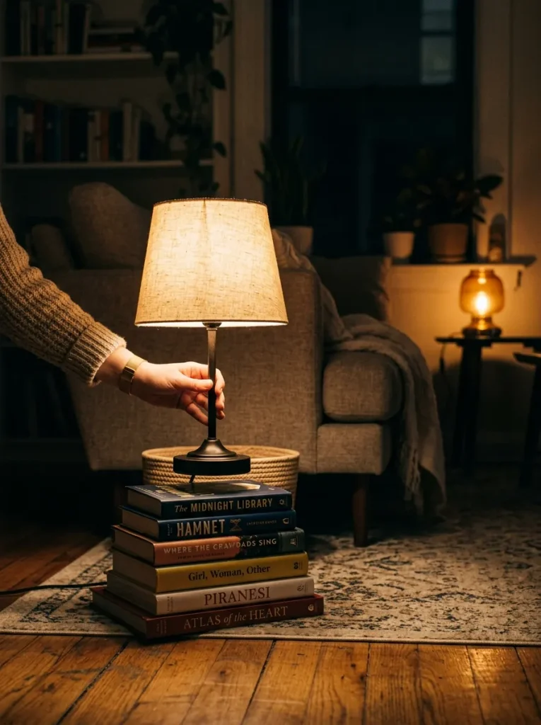 Lamp placed on books