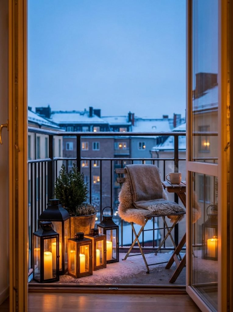 Lanterns glowing on apartment ba…