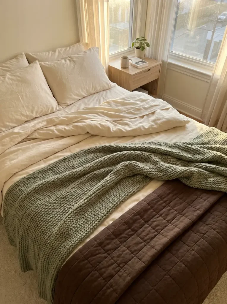 Layered winter bed with blankets